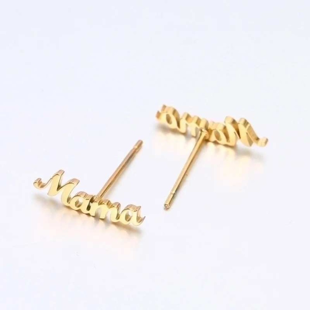 Gold Titanium Mama Nameplate Stud Earrings Script Font Daintyโ Everyday Jewelry